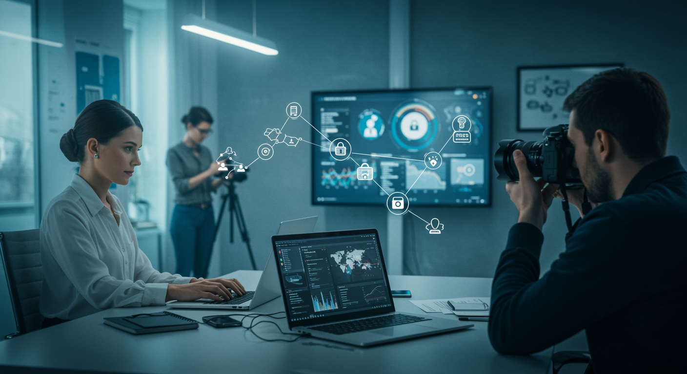 imagen26 1 "Ilustración fotorealista de una sala de redacción moderna con periodistas y especialistas en medios digitales colaborando en historias de ciberseguridad y tecnología."