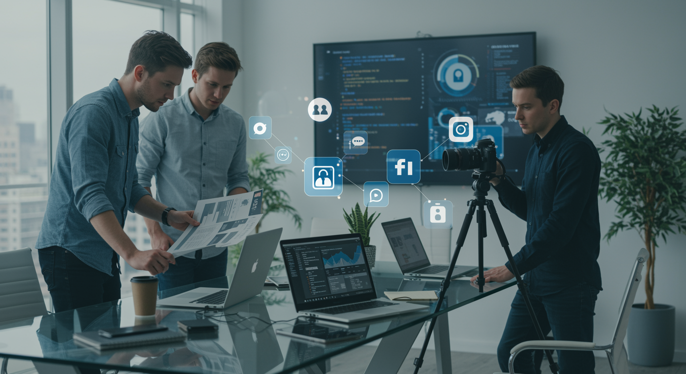 imagen26 2 "Oficina moderna de una agencia digital con periodistas y cineastas colaborando en análisis de ciberseguridad y redes sociales, destacando un ambiente profesional y tecnológico."