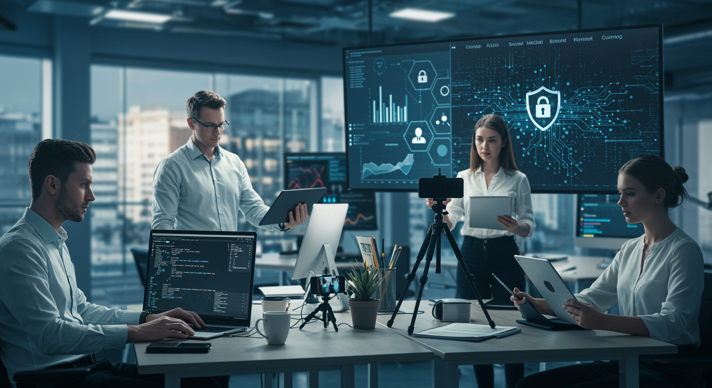 "Ilustración digital hiperrealista de un equipo de periodistas y creadores de contenido en una oficina moderna, colaborando en tecnología y ciberseguridad, ideal para una agencia de comunicación."