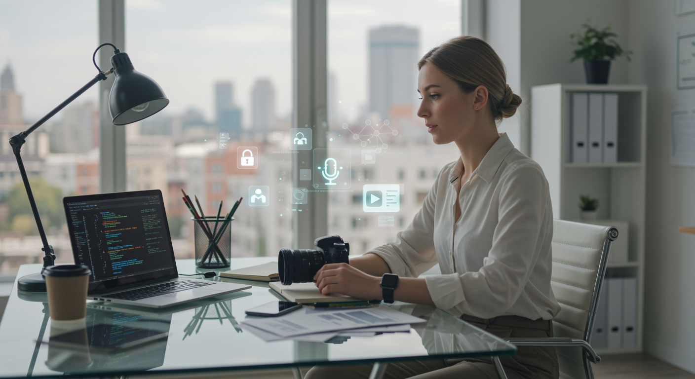 imagen26 "Ilustración digital fotorrealista de una creadora de contenido en una oficina moderna, rodeada de tecnología y elementos de ciberseguridad, ideal para comunicar servicios de una agencia de comunicación."